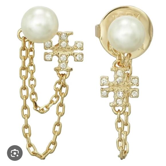 NEW Tory Burch Kira Pearl Chain Earrings Gold Small Minimal Simple Work Office - Picture 1 of 5